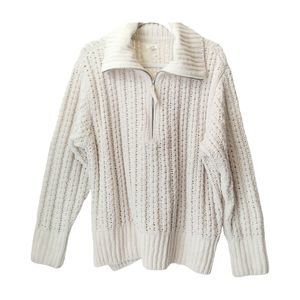 Aerie Women Cable Texture Toasted Coconut Chenille QuarterZip Oversize Sweater M